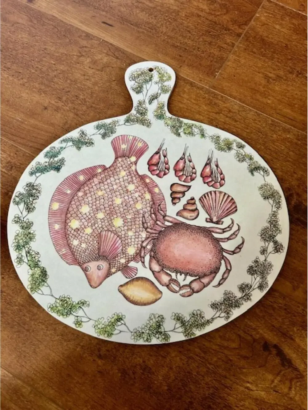 Vintage Made in England Decorative Wooden Cutting Board with Sea Life Design